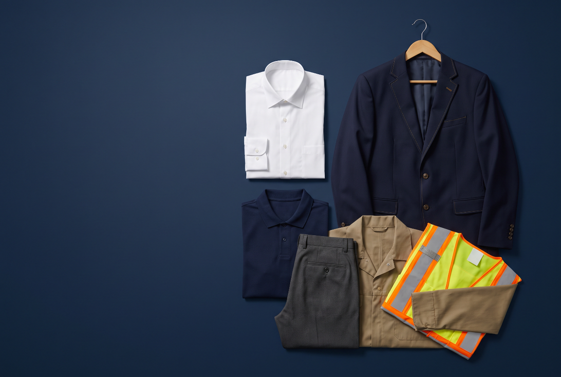 Assorted uniforms for different work sectors, neatly arranged